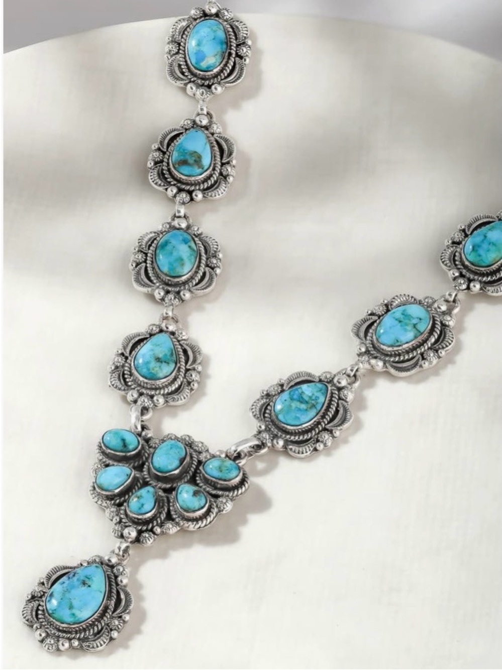 Turquoise Silver Boho Western Squash Blossom Pendant Necklace